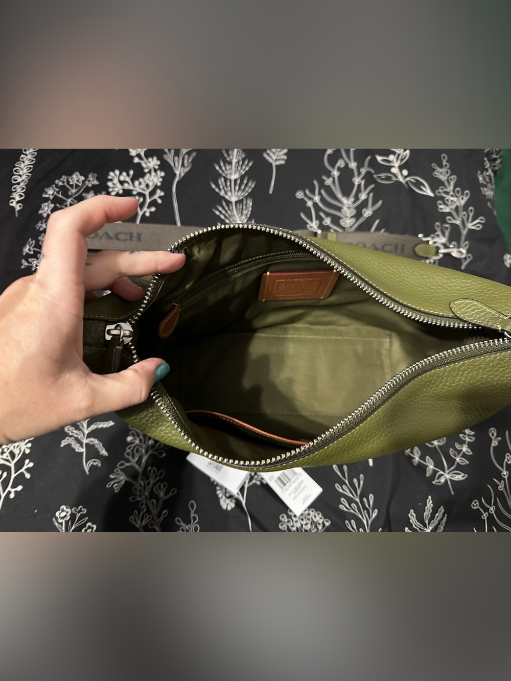 Coach Olive Green Pebbled Top Zip Messenger Crossbody with Branded Strap - Picture 2 of 5